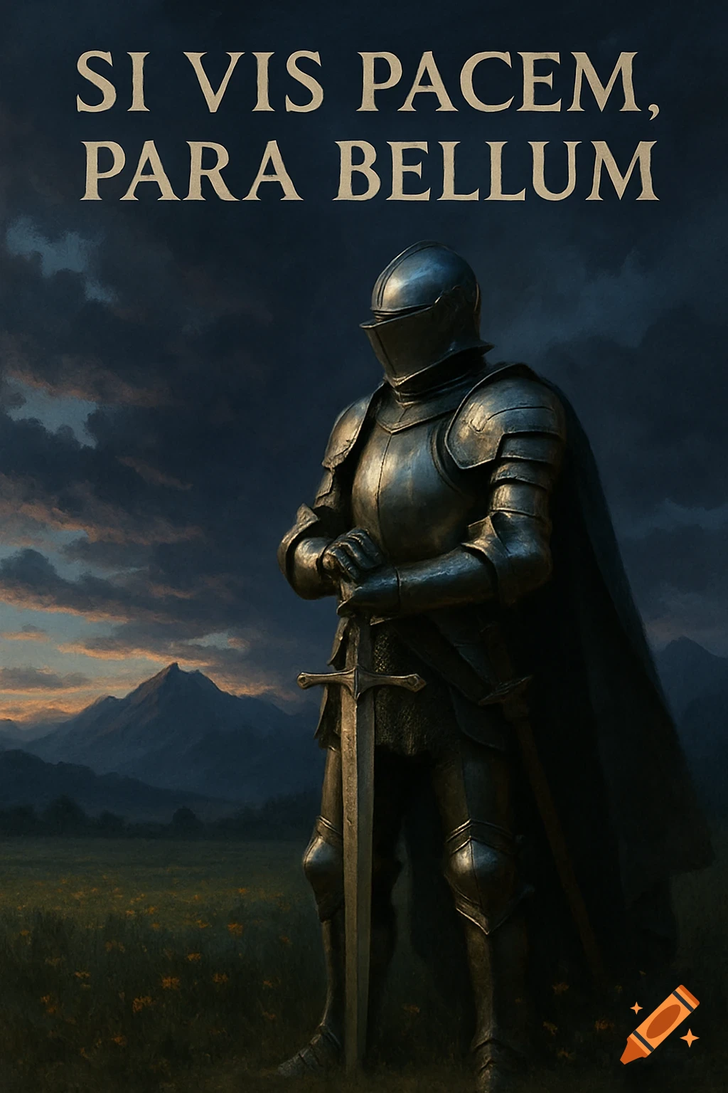 A knight in full armor stands with a sword in a field before mountains and a cloudy sky. Text: 'Si vis pacem, para bellum'.