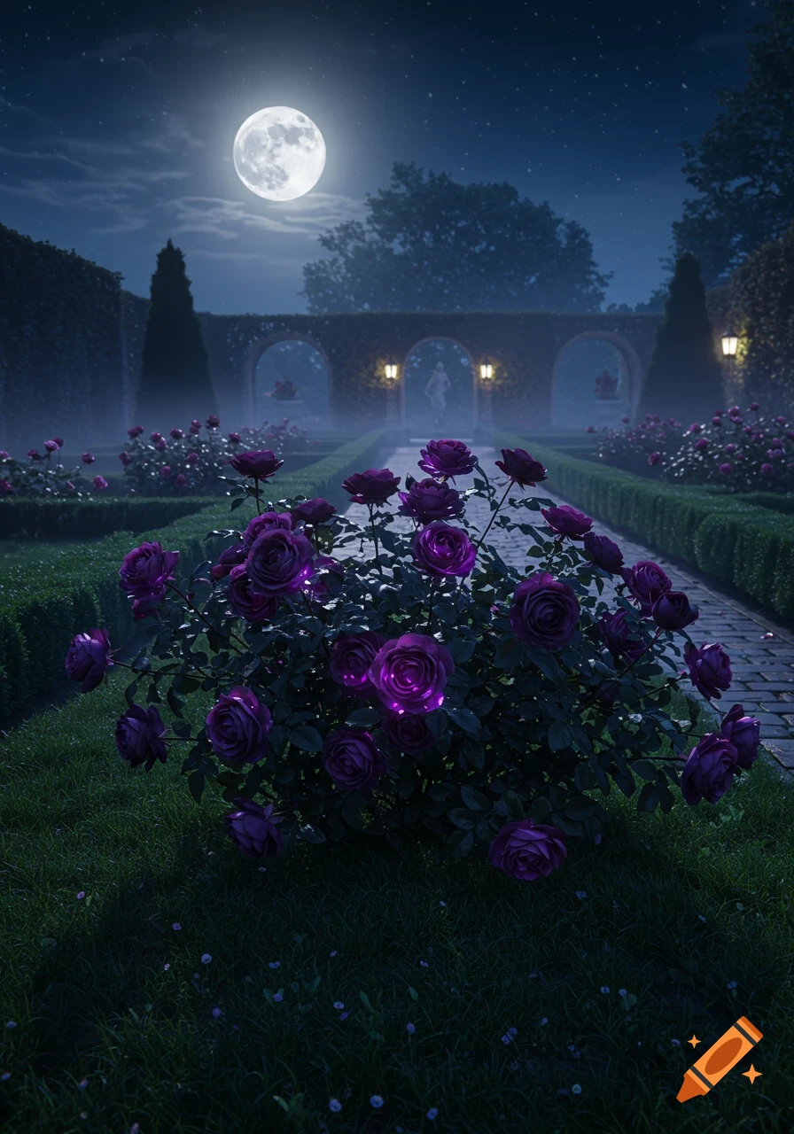 A realistic photo of a royal garden at night, with purple glowing roses along a path under a full moon.