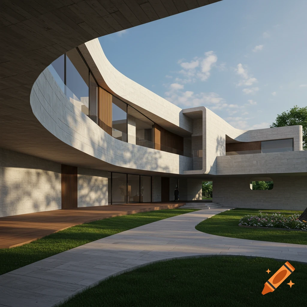 Photorealistic rendering of a modern curved concrete house with large windows, a wooden deck, and a stone path through a green lawn.