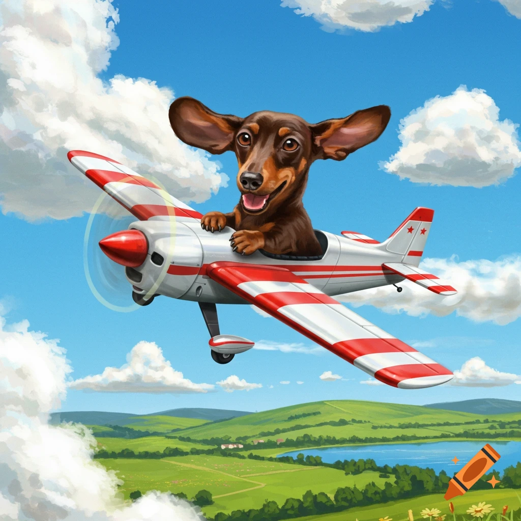A happy brown dachshund dog pilots a red and white RC airplane through a blue sky with clouds over green hills. Illustrated.