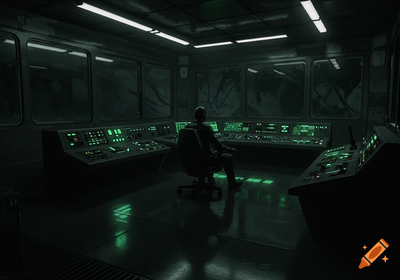 A person in a dark, futuristic control room with glowing green panels and large windows.