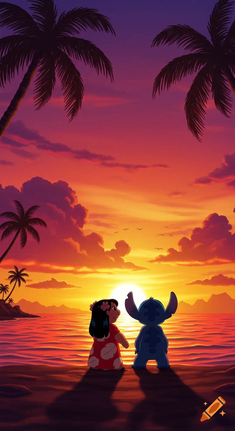 Cartoon Lilo and Stitch on a beach, watching a vibrant orange and purple sunset over the ocean with palm trees.