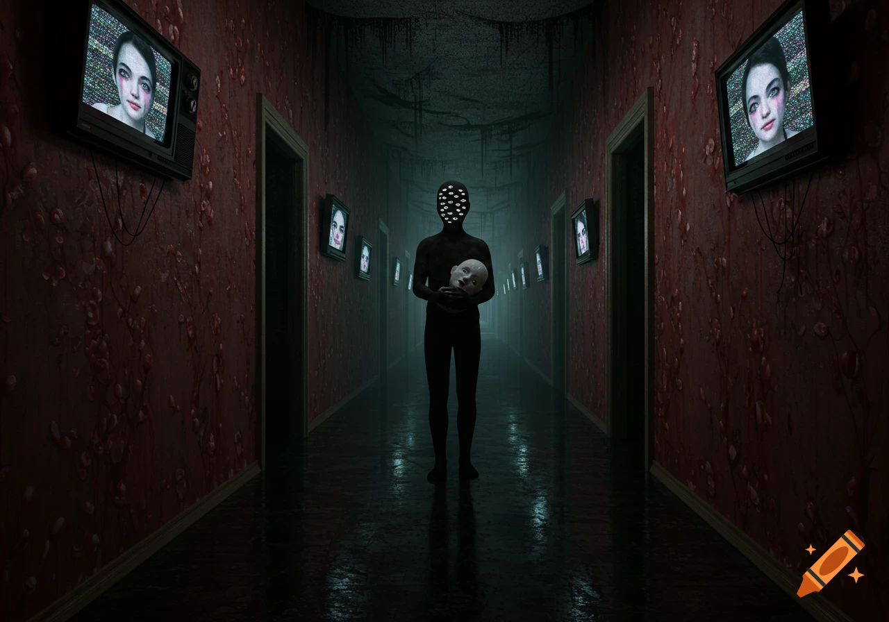 A shadowy, multi-eyed figure holds a porcelain head in a dim, surreal hallway with fleshy walls and static TVs showing faces.