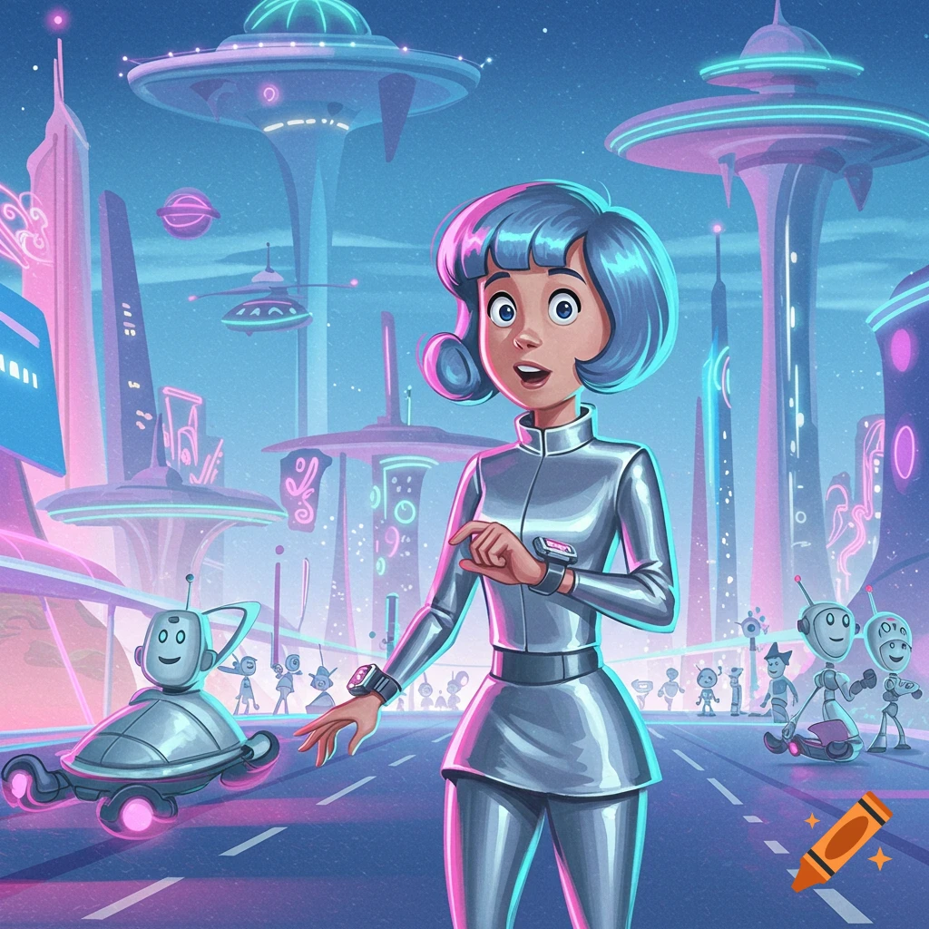 A blue-haired woman in a silver spacesuit stands in a vibrant, futuristic city with flying saucers and small robots in this cartoon.