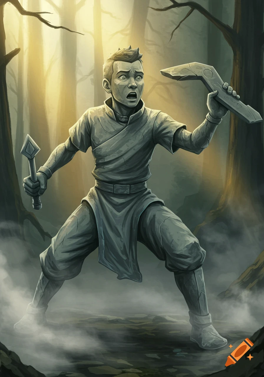 Illustration of Sokka as a grey stone statue with a fearful expression, holding a boomerang and knife in a misty forest.
