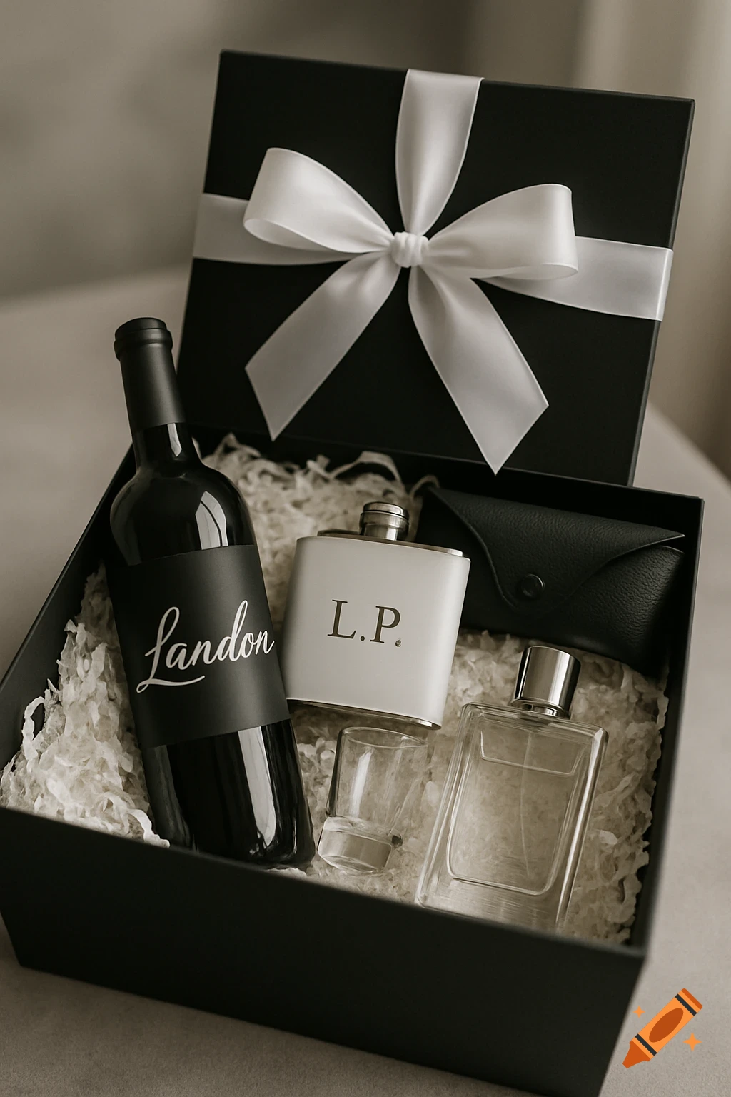 A black gift box with a white ribbon, filled with shredded paper, containing a wine bottle labeled "Landon", a flask with "L.P.", a shot glass, a black sunglasses case, and a bottle of cologne.