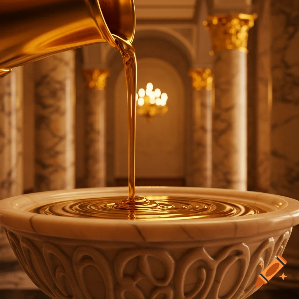 Golden liquid pours from a pitcher into a decorative marble bowl, creating ripples, in a grand hall with marble columns.