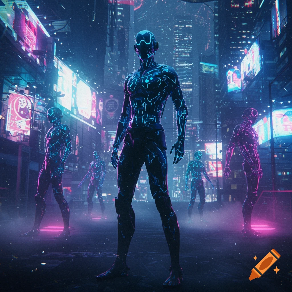 Cyberpunk robots with glowing circuit patterns stand in a neon-lit futuristic city street.