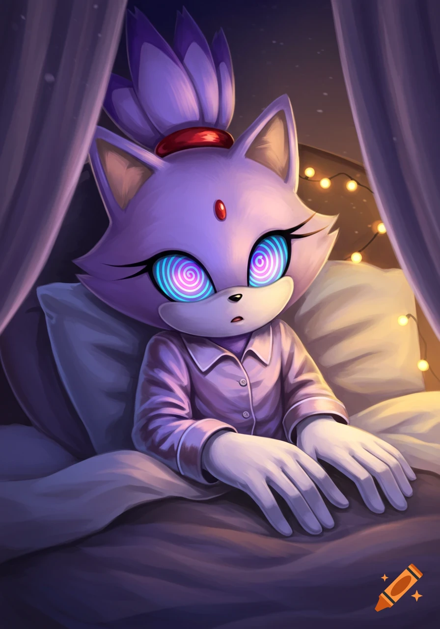 Blaze the Cat in purple pajamas with spiral hypnotized eyes, sitting up in bed at night, cartoon style.