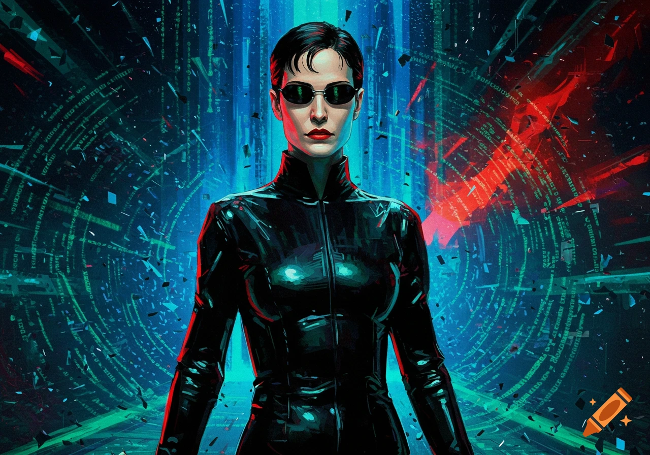 Stylized portrait of Trinity from The Matrix, wearing a black suit and sunglasses, against a blue and green digital code background.
