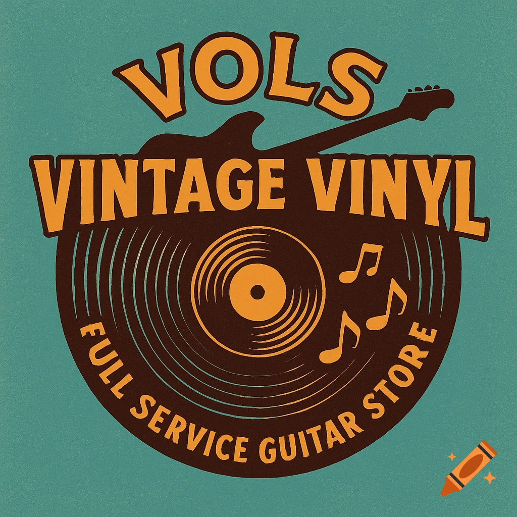 Retro logo for 'Vols Vintage Vinyl' and 'Full Service Guitar Store' featuring a stylized record, guitar, and musical notes.