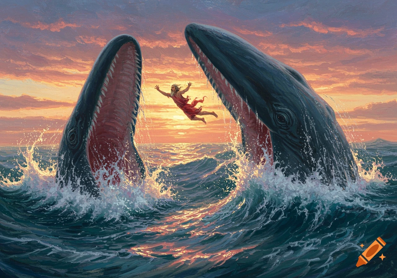 A man in red robes is dramatically suspended between two large, open-mouthed whales emerging from a stormy sunset ocean, in a painterly style.