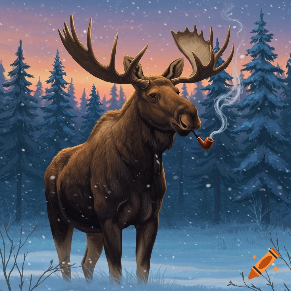 A whimsical illustration of a moose with large antlers, smoking a pipe, standing in a snowy forest at sunrise.