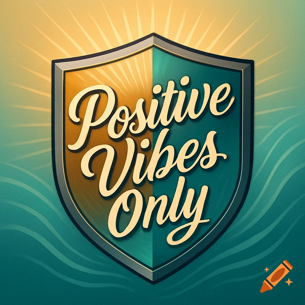 A stylized shield logo, split yellow and teal, with 'Positive Vibes Only' in a script font, against a background of radiating light and waves.
