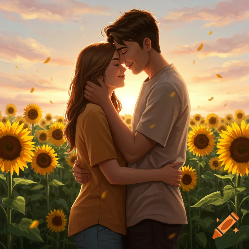 Illustrated loving couple embracing in a vibrant sunflower field at sunset, with warm light and falling petals.