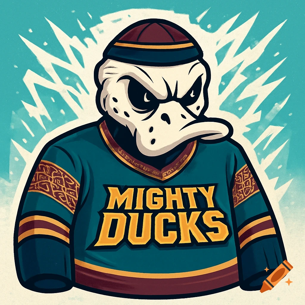 Stylized cartoon of a stern duck mascot wearing a teal 'Mighty Ducks' hockey jersey and a beanie against an icy blue background.