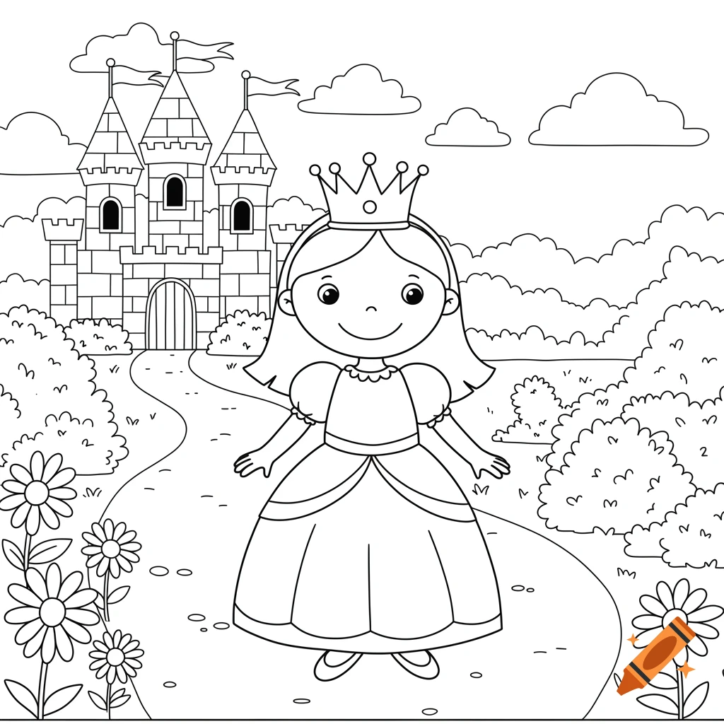 A cartoon coloring book page featuring a princess wearing a crown, standing on a path in front of a castle, surrounded by bushes and flowers.