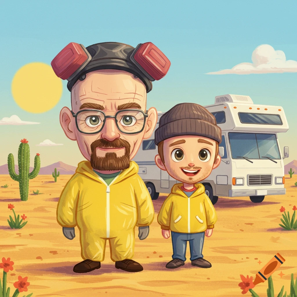 Cartoon-style Walter White and Jesse Pinkman from Breaking Bad stand in a desert with an RV.