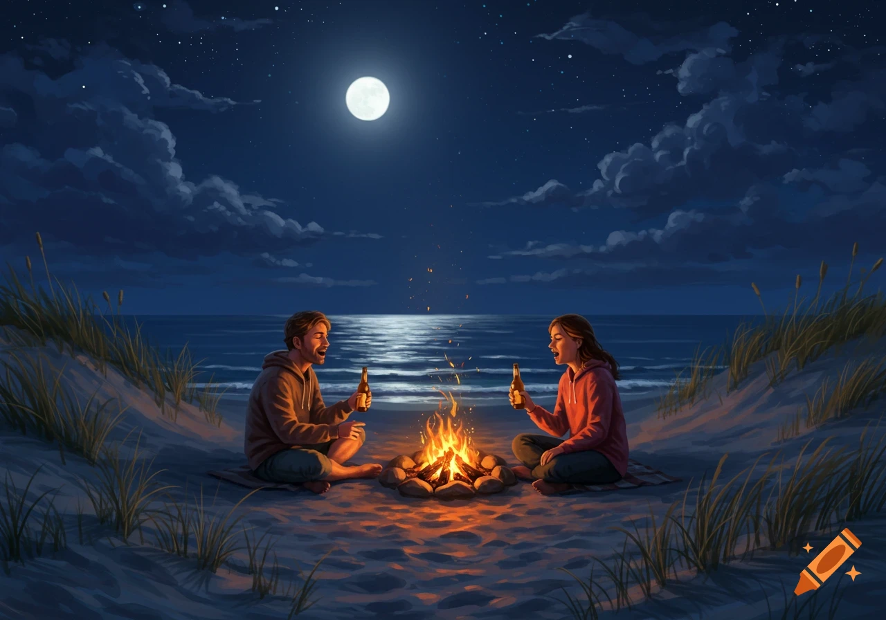 Illustration of two people drinking beer by a campfire on a sandy beach at night, under a full moon and stars.