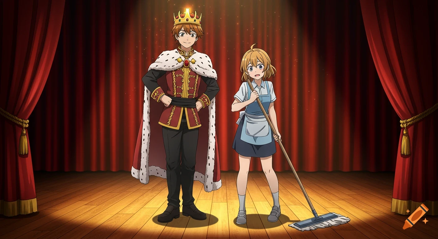 Anime king and nervous cleaner on a theatre stage with red curtains and a spotlight.