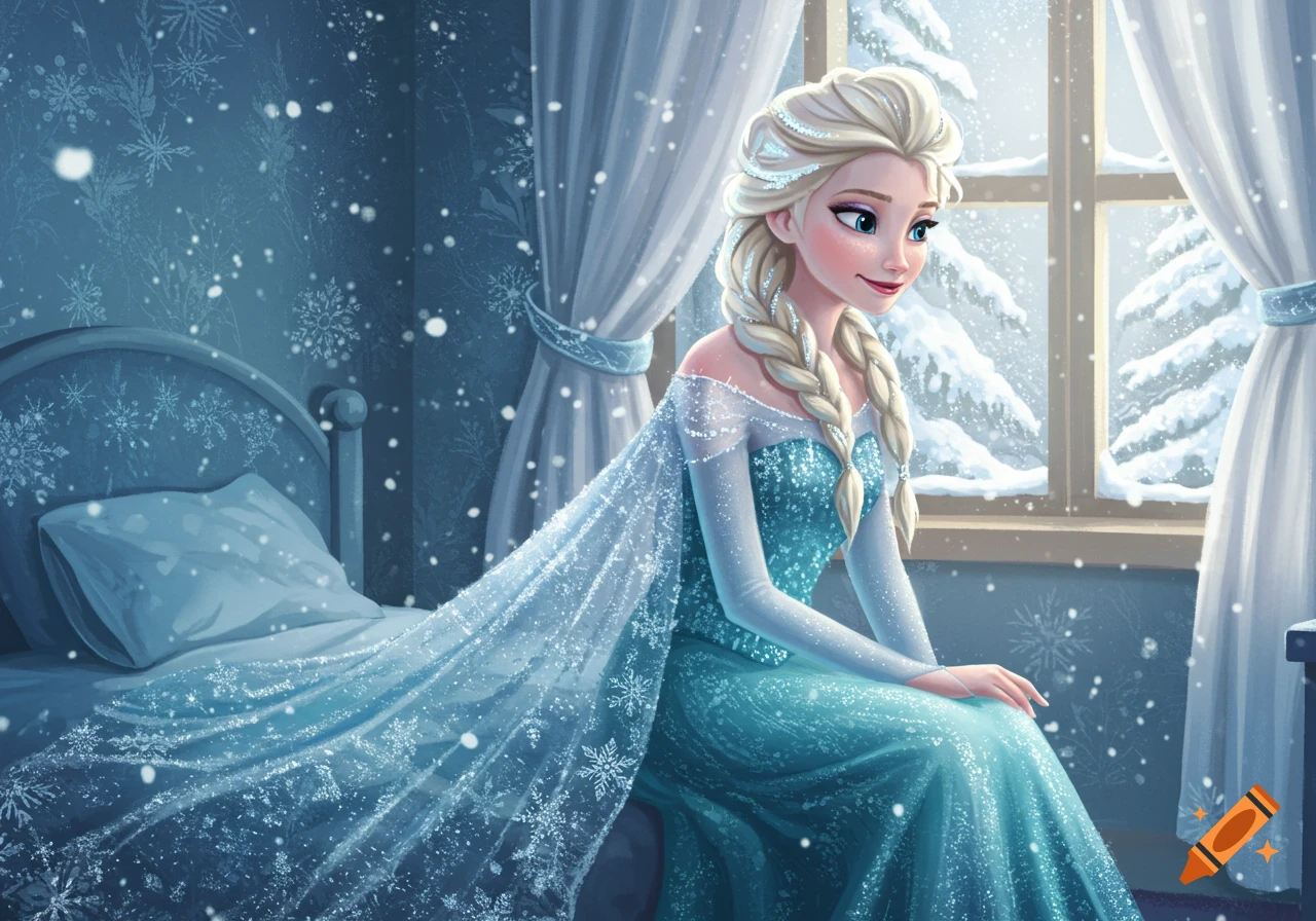 Elsa, in a sparkling blue dress, sits in her snow-filled room, gazing out a window at a winter wonderland. Animated style.