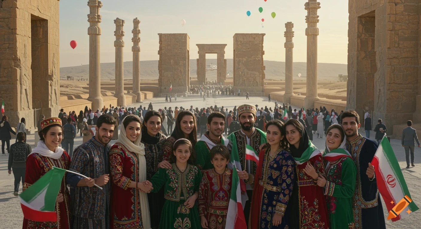 A hyper-realistic photo of a joyful group in traditional Iranian clothing holding flags at the ancient ruins of Persepolis.