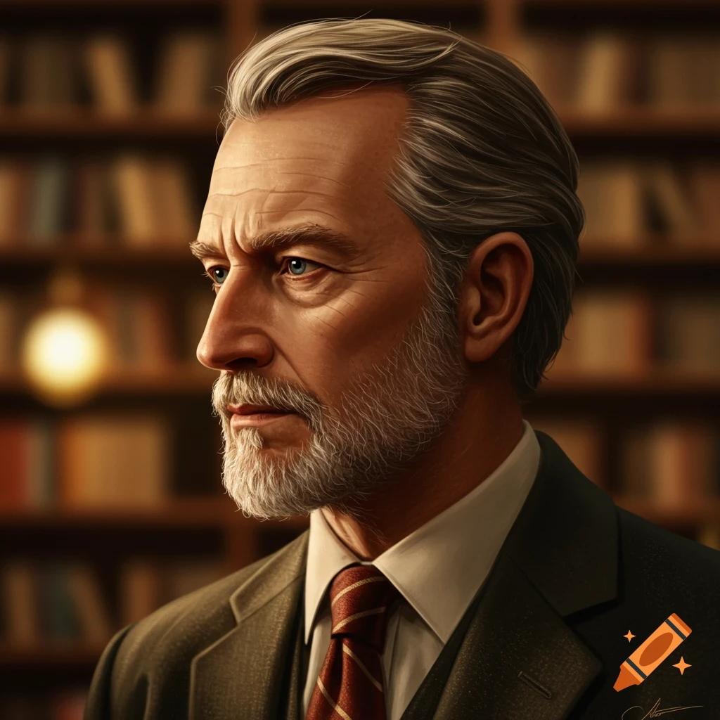 Photorealistic portrait of a serious older man with grey hair and beard, wearing a suit, looking left, with blurred bookshelves in the background.