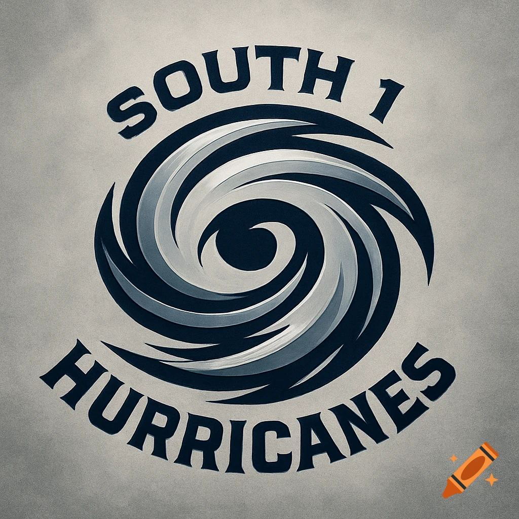 A logo featuring a stylized blue and grey hurricane swirl. The text "SOUTH 1" is arched above the swirl, and "HURRICANES" is arched below.