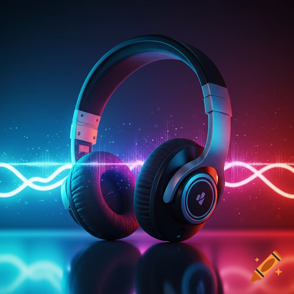 Black headphones glowing with neon blue and red lights against a dark background, with stylized sound waves.