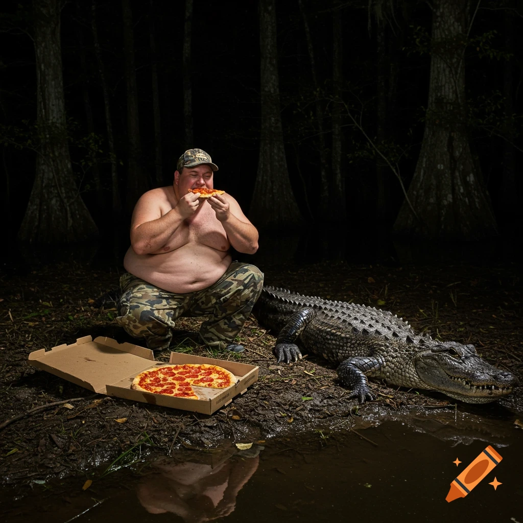 Photorealistic candid shot of an obese man in camo eating pizza next to an alligator in a dark swamp.