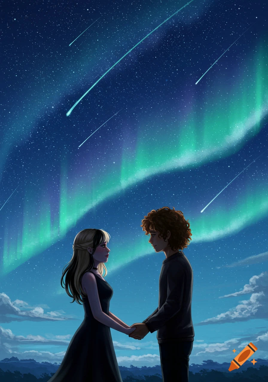 Digital illustration of a couple holding hands under a starry night sky with the Northern Lights.
