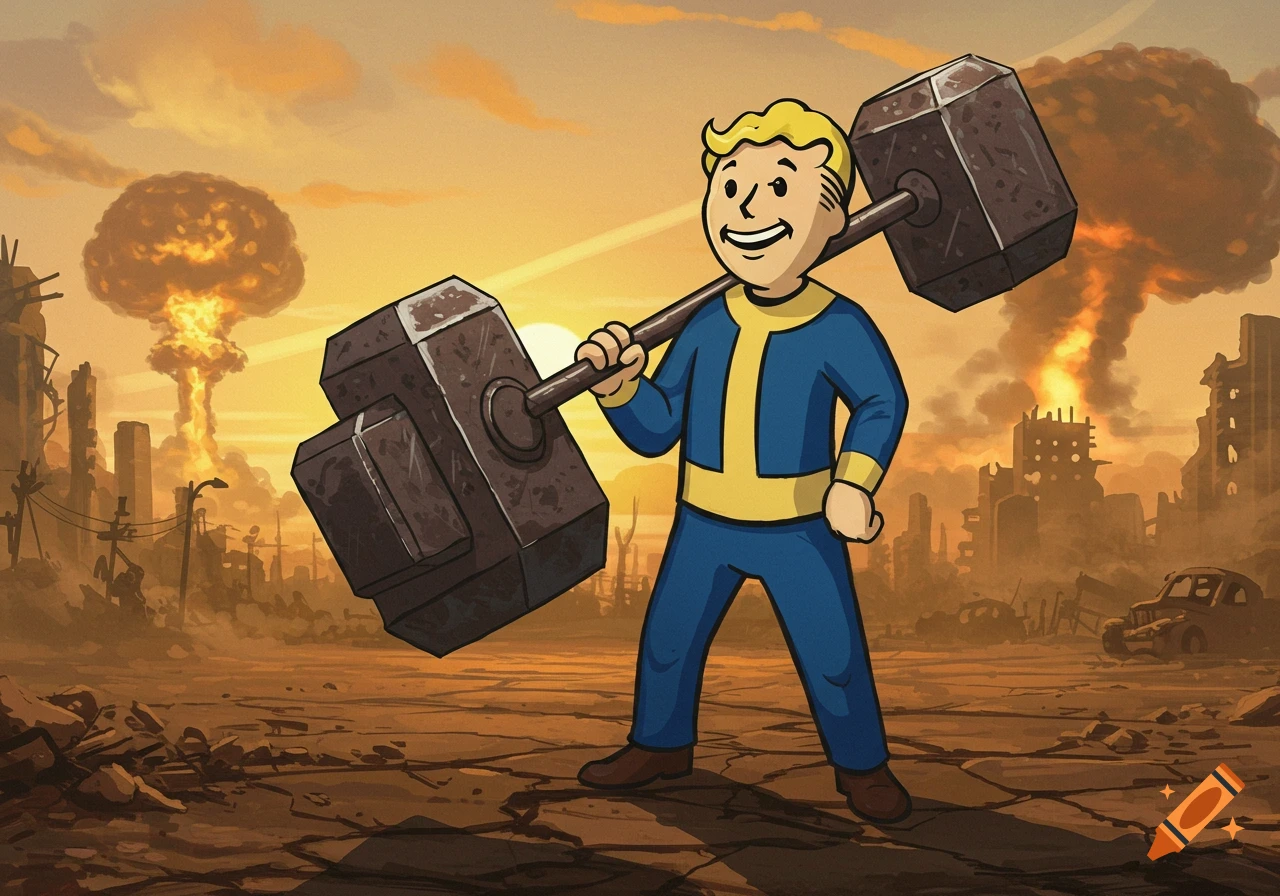 Cartoon illustration of Vault Boy from Fallout, holding a super sledge, standing in a wasteland with nuclear mushroom clouds in the background.