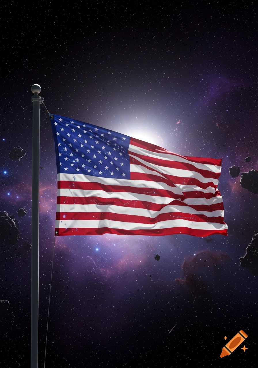 An American flag waves on a pole against a backdrop of a starry galaxy with a bright nebula and asteroids.