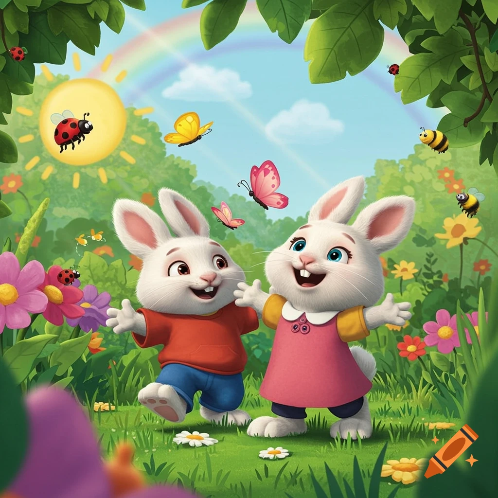 Two happy cartoon bunnies play in a vibrant, sunny field with flowers, butterflies, bees, and a rainbow.