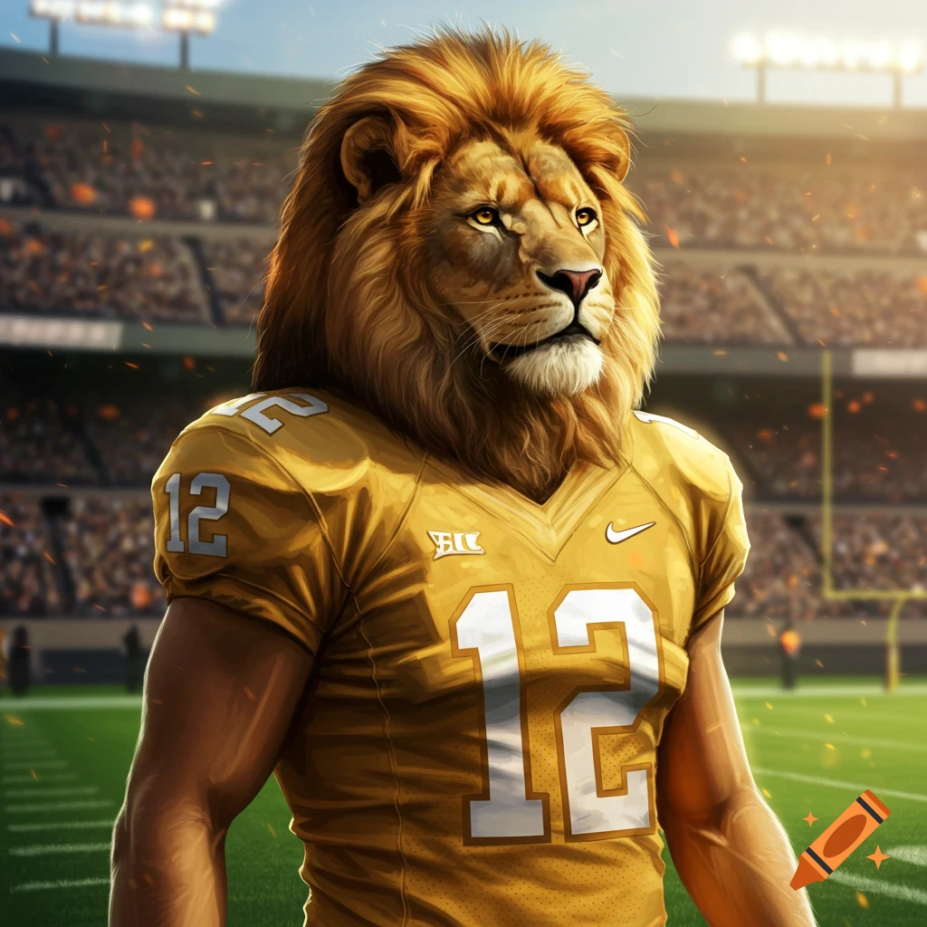 A photorealistic lion-headed football player wearing a gold jersey with the number 12 in a stadium.