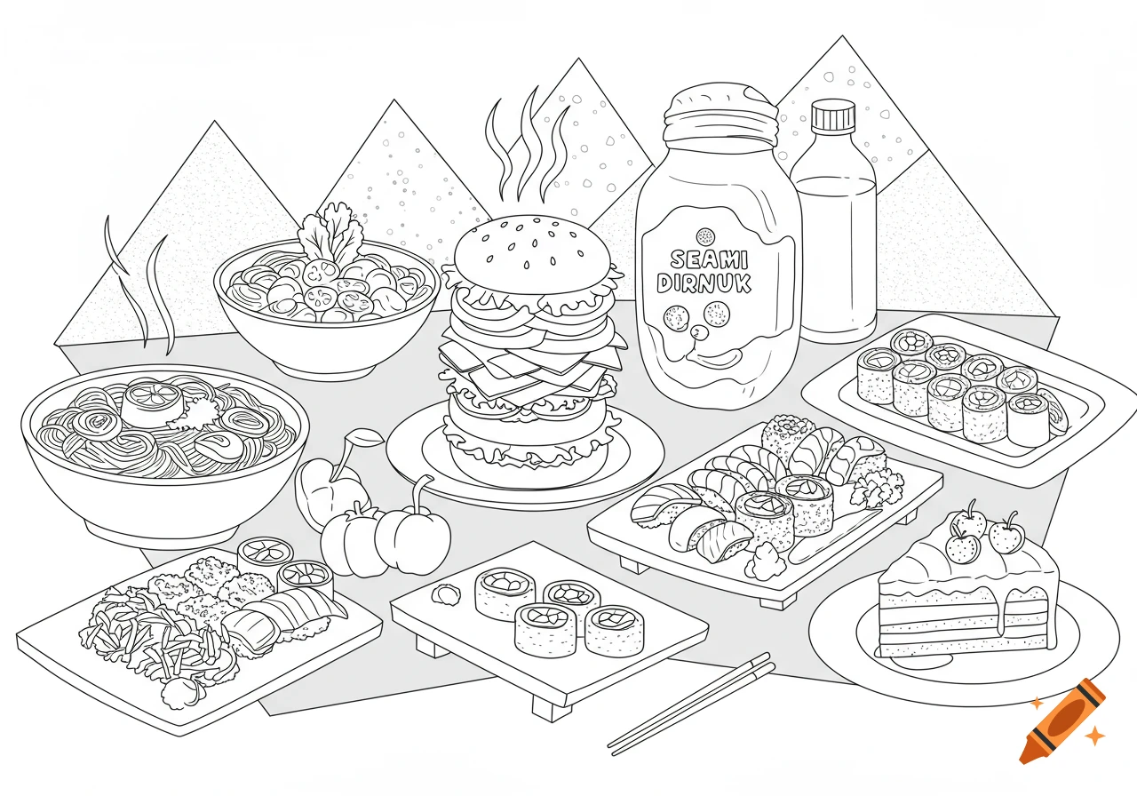 Black and white line art of various meals, including sushi, a tall burger, ramen, and cake, arranged on a table for a coloring book.