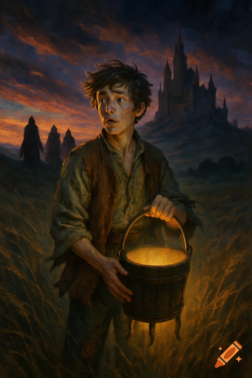 A young, unkempt farmhand holds a glowing bucket in a windswept field at dusk, with a dark citadel and shadowy figures in the painterly background.