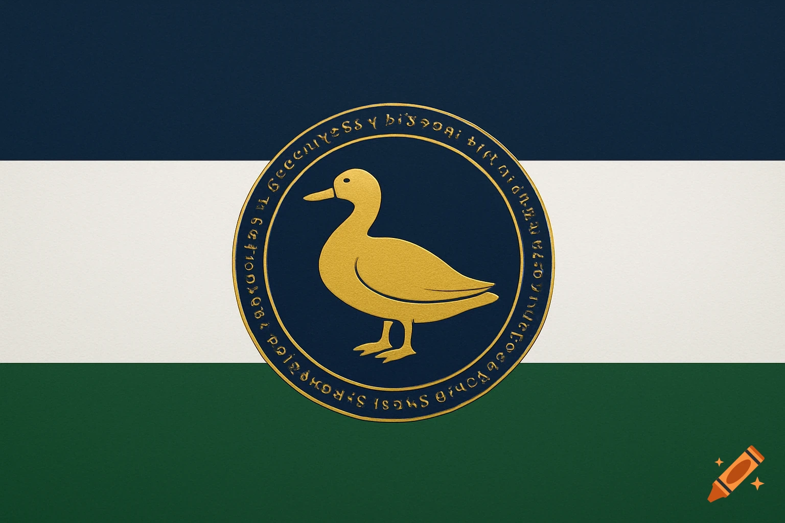 A national flag with dark blue, white, and green horizontal stripes, featuring a golden duck emblem within a dark blue circle surrounded by unreadable text.
