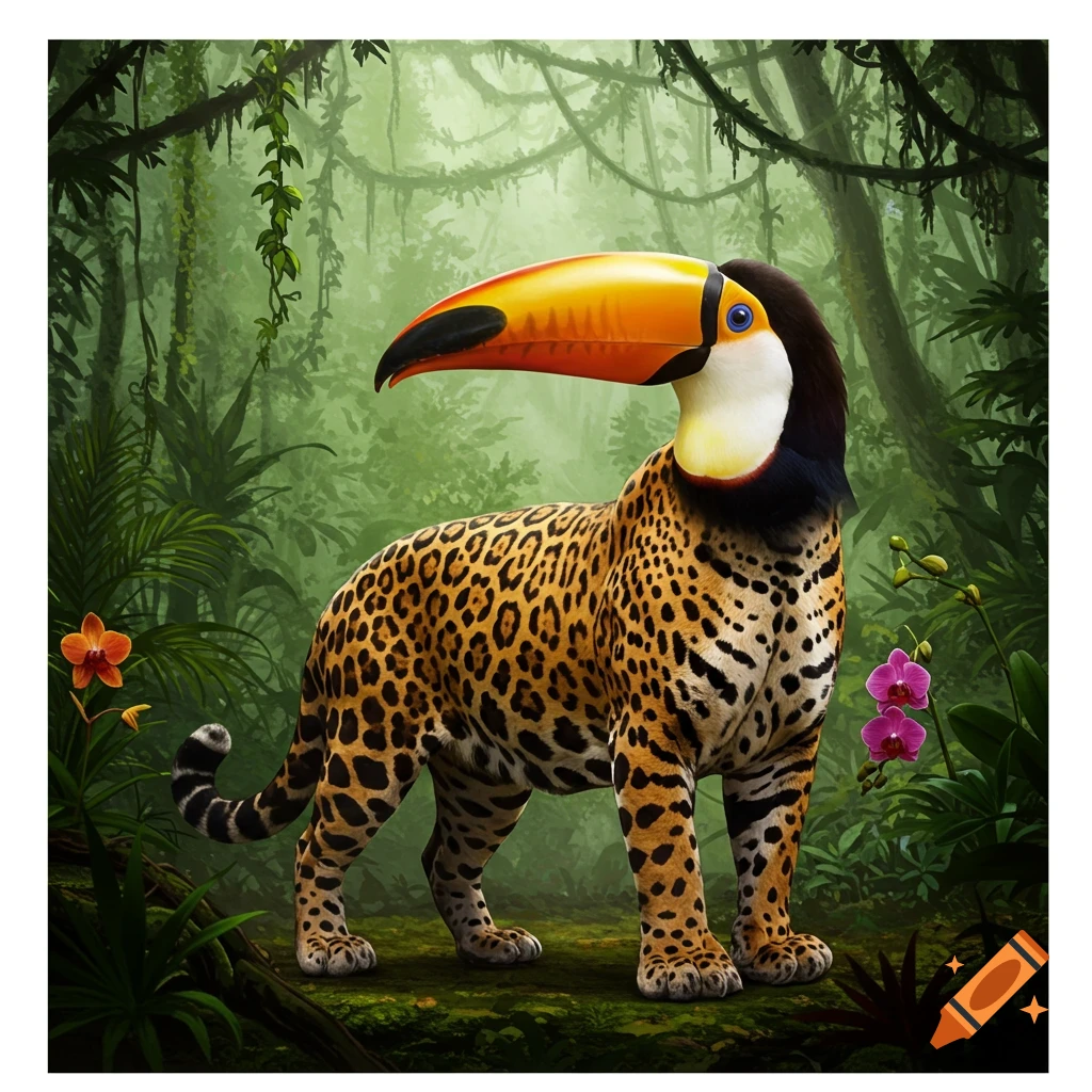 A fantastical creature with the spotted body of a jaguar and the colorful head of a toucan stands in a lush, green jungle with orchids.