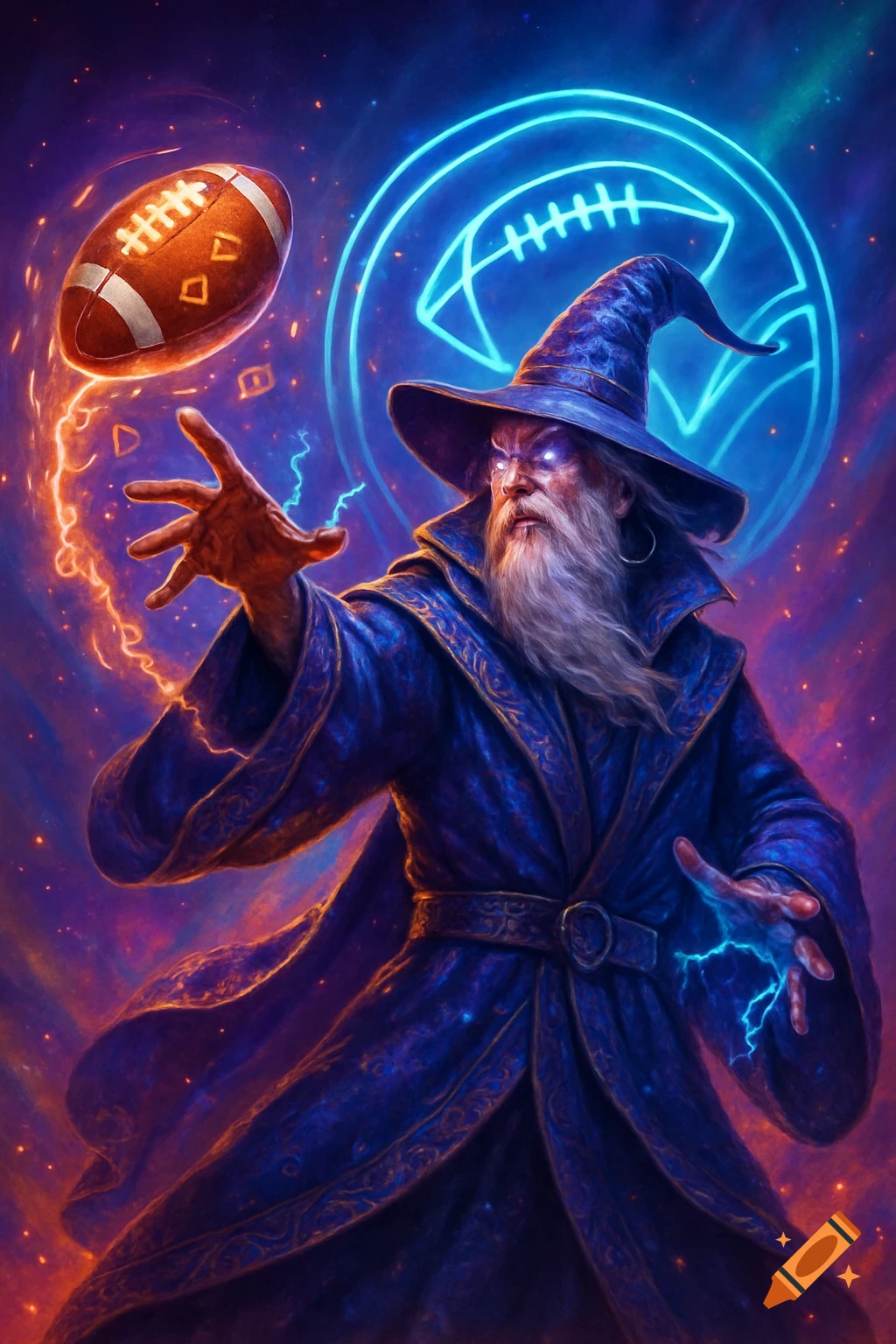 Digital art of a wizard in a blue robe casting magic, levitating an American football with glowing energy against a cosmic background.