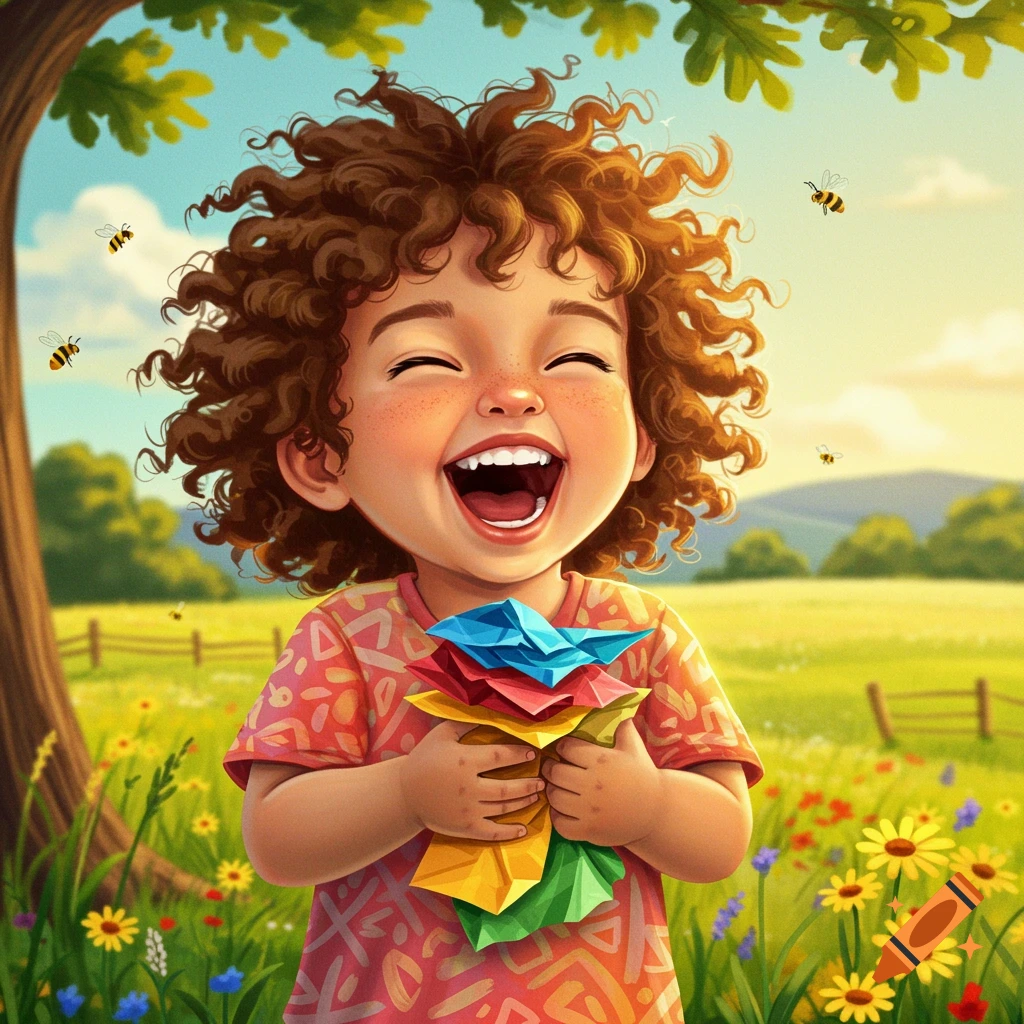 A cheerful cartoon child with curly hair laughs joyfully, holding colorful paper in a sunny field with flowers and bees.