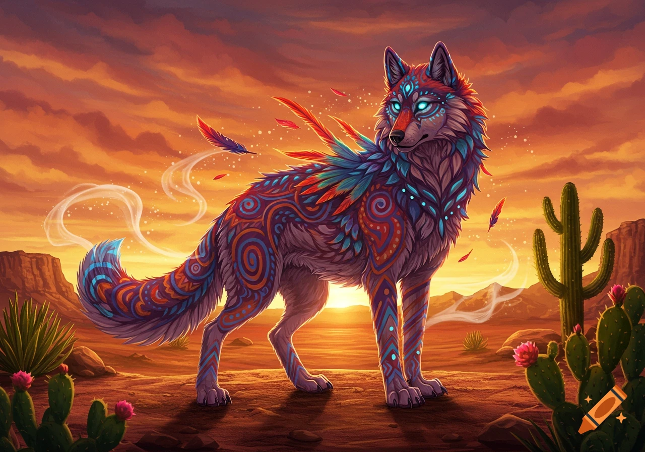 A vibrantly colored alebrije wolf with intricate patterns stands in a desert landscape at sunset, surrounded by cacti.