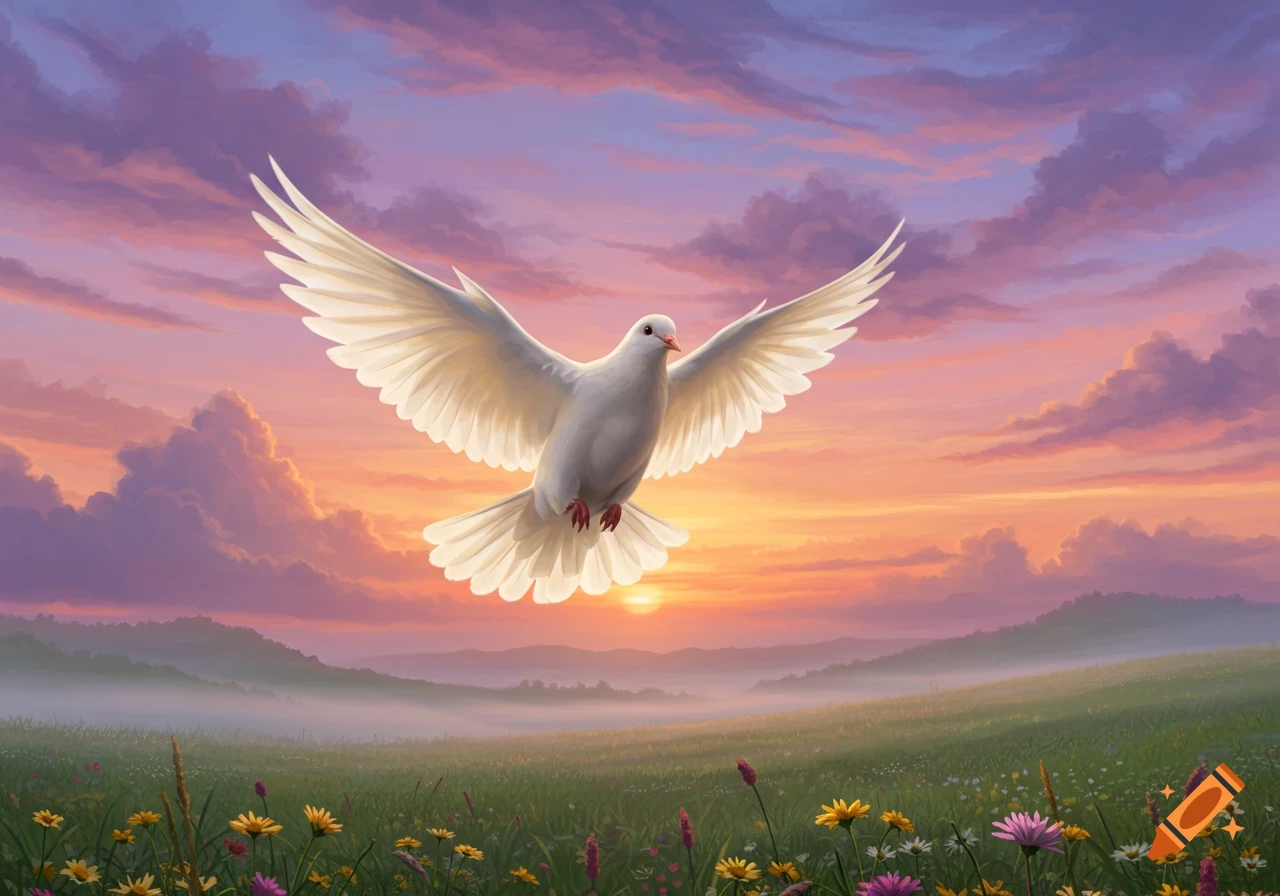 A majestic white dove with outstretched wings flies over a vibrant green field with colorful flowers at sunset, under a sky with purple and orange clouds.