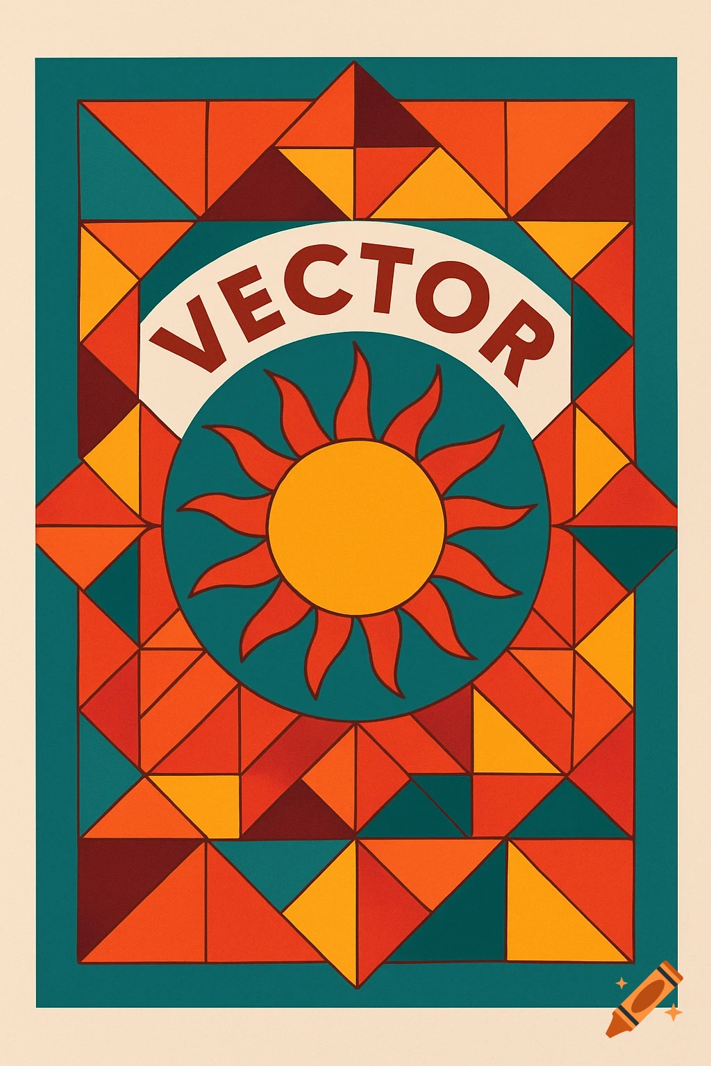 A vibrant graphic design poster featuring a sun icon surrounded by geometric patterns and the word VECTOR in a curved arch.