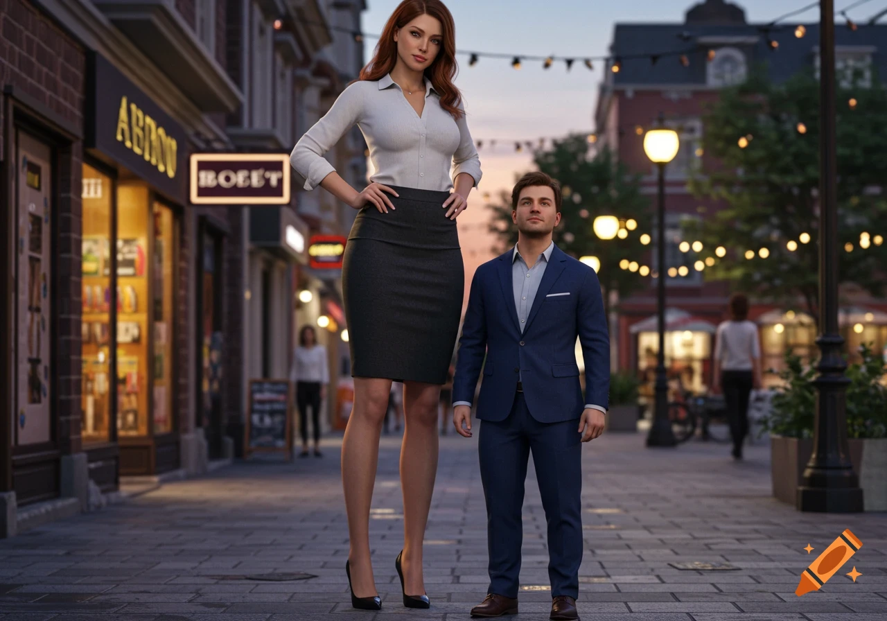 A very tall woman in a white shirt and black pencil skirt stands next to a shorter man in a blue suit on a city street at dusk.