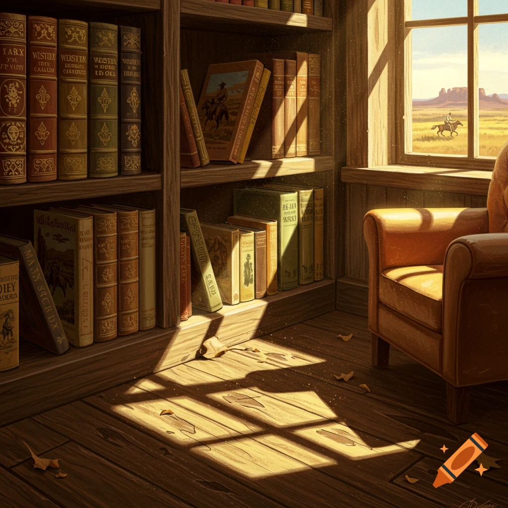 Cozy reading nook with bookshelves and an armchair by a window overlooking a Western landscape with a distant rider.