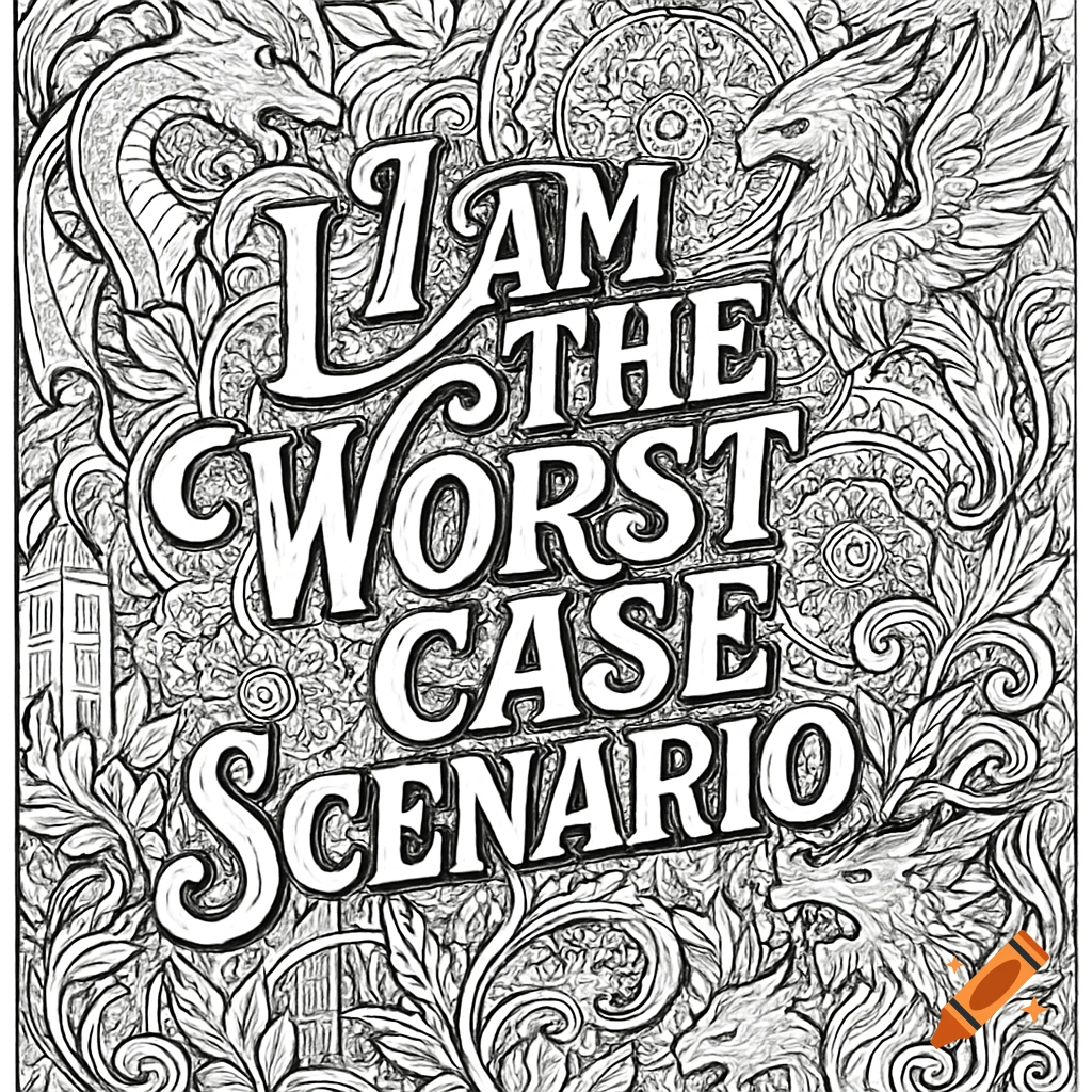 Black and white coloring page featuring 'I AM THE WORST CASE SCENARIO' surrounded by dragons, a griffin, and ornate floral designs.