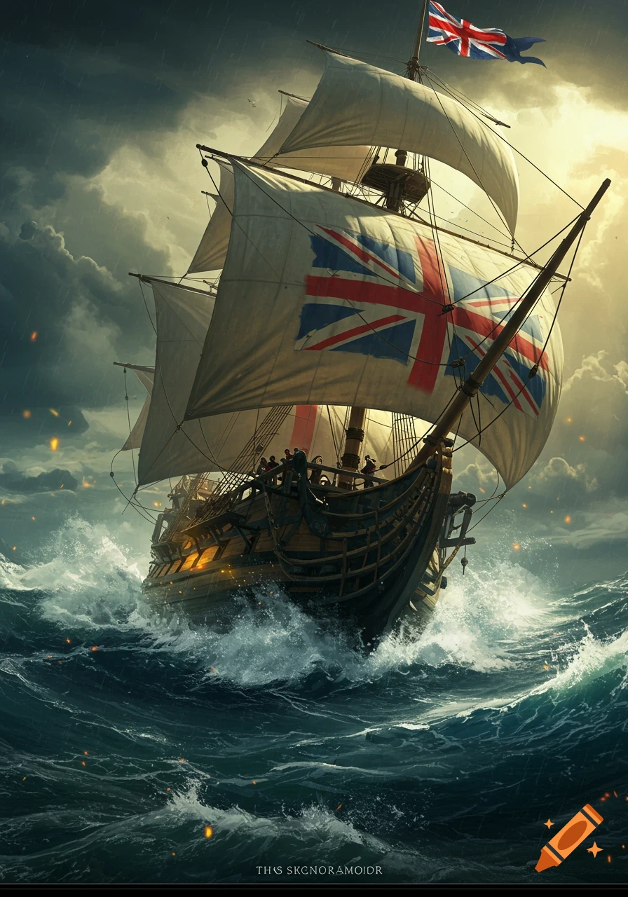 A grand galleon with Union Jack sails battles a stormy sea under dramatic, cloudy skies.