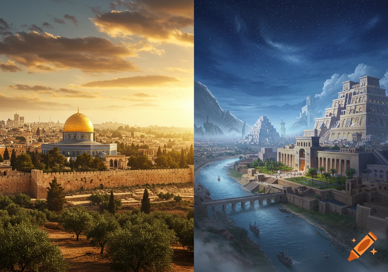 Split image of two cities. Left: golden-domed city at sunrise. Right: fantastical ancient city with ziggurats at night.