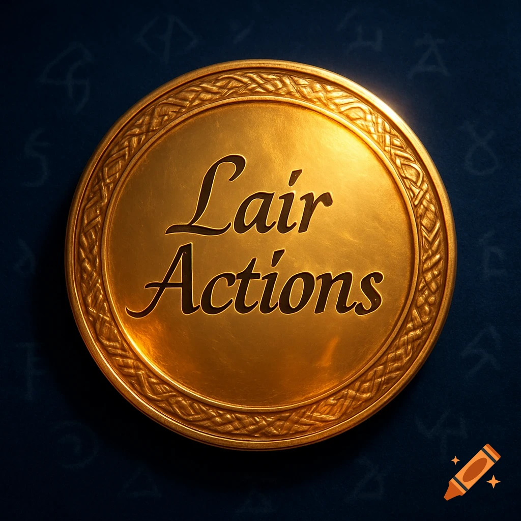 A shiny gold token with a Celtic knot border, inscribed with the words "Lair Actions" on a dark blue background with faint symbols.